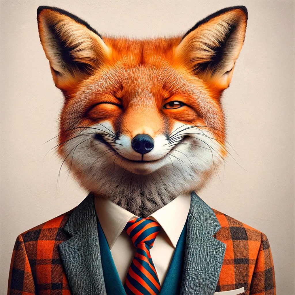 Fox in a corporate suit smiling representing office politics and power in Corporate Animal Farm