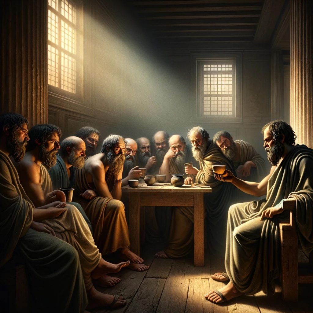 Socrates sitting in his prison cell holding the cup of poison while his followers gather around him in grief