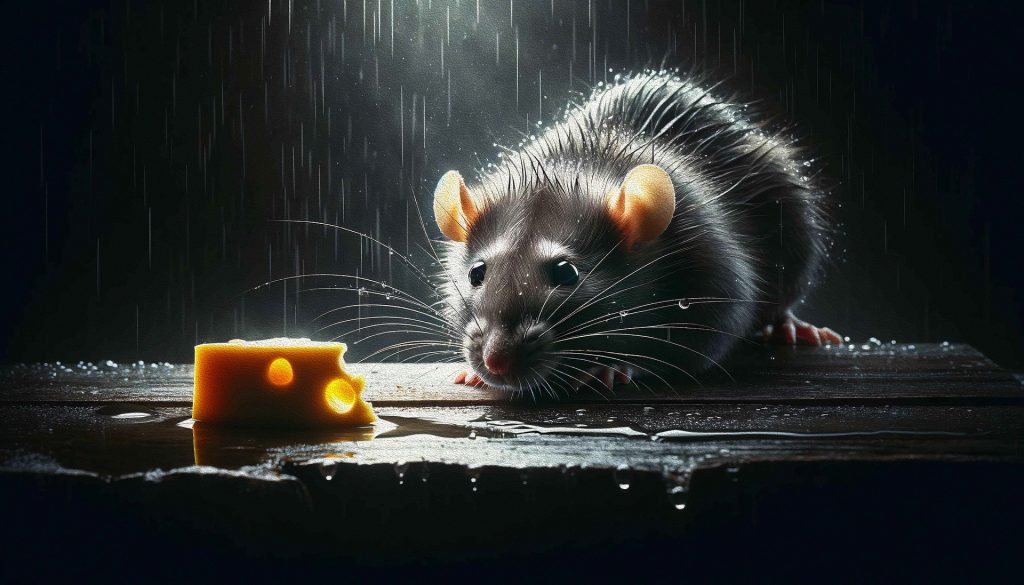 Black rat in the rain staring at cheese representing corporate change and resilience