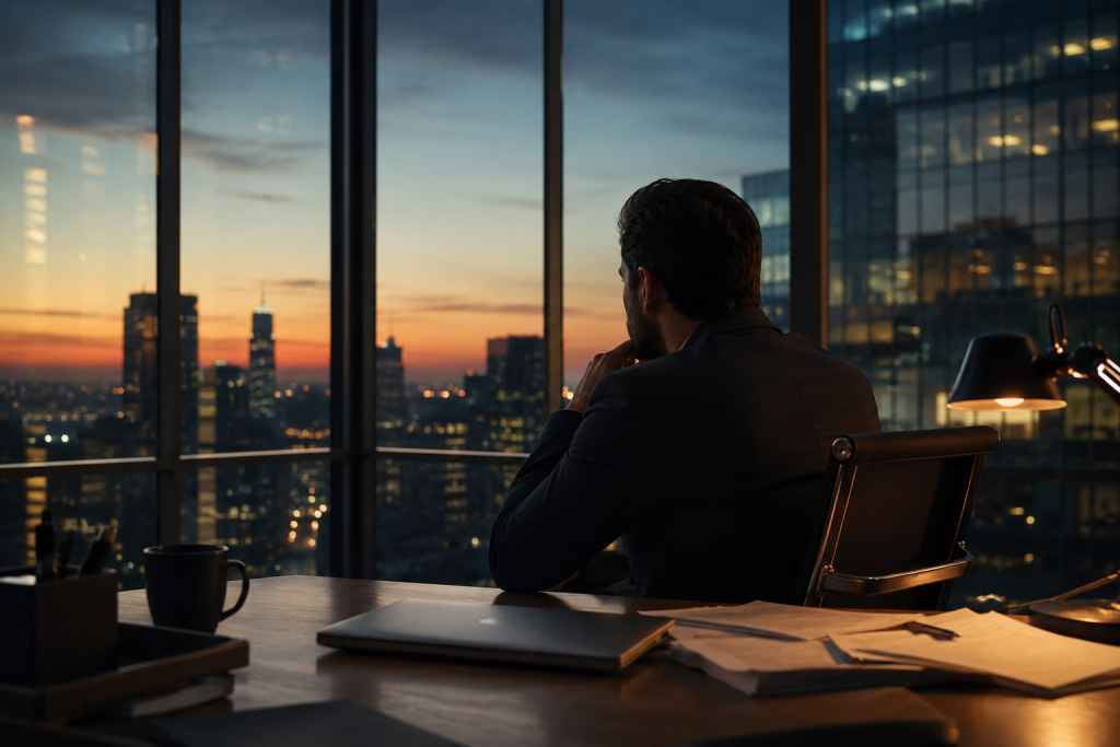 Manager reflecting alone at his office desk at dusk, symbolizing confirmation bias and cognitive dissonance in workplace decision-making