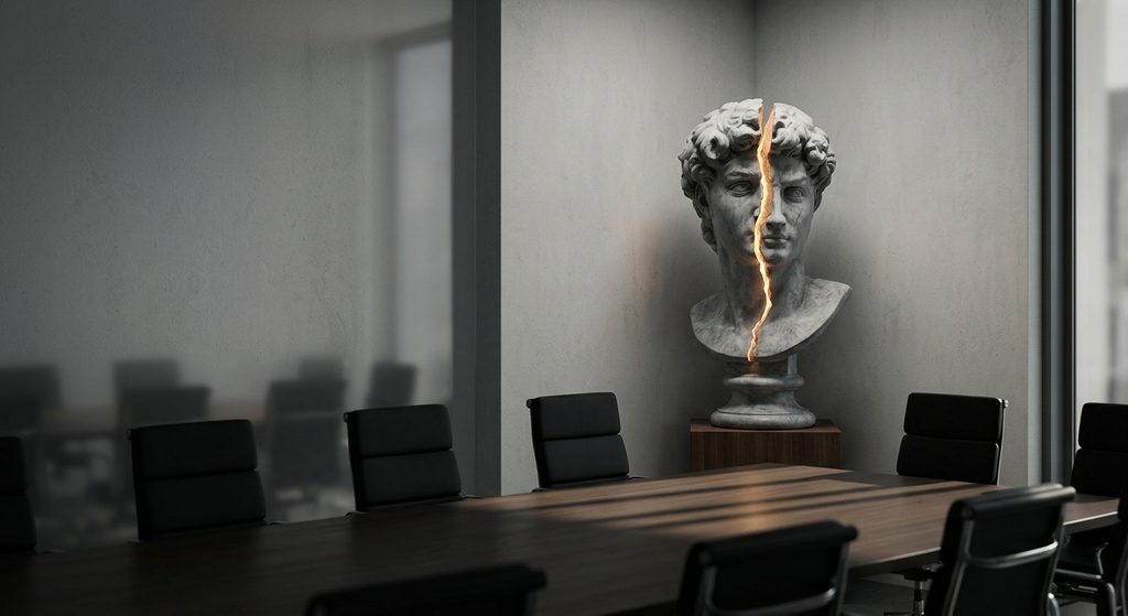 Cracked marble bust glowing from within, symbolizing Jung's persona theory and narcissistic mask-slipping in corporate leadership