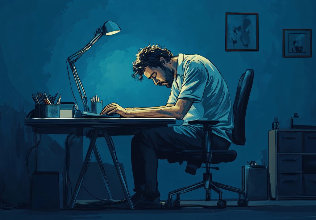 Employee working alone at a desk late at night under a dim lamp, illustrating quiet loss of motivation
