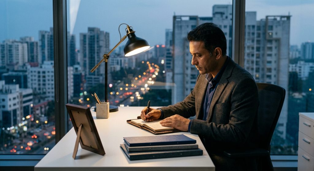Man writing in a notebook at a desk during dusk, reflecting on pressure and stress in his banking career