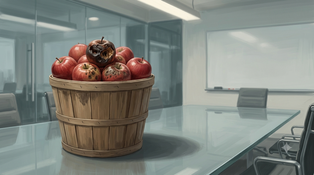 rotten apple in a barrel of fresh apples on an empty conference table, symbolizing a toxic employee triggering revenge quitting at work